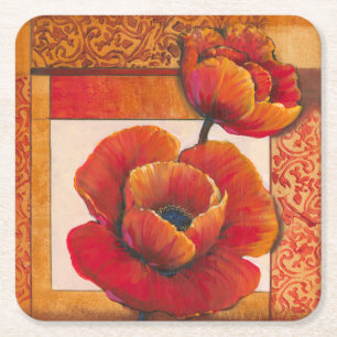 Poppy Flowers on Tan and Orange Background Square Paper Coaster