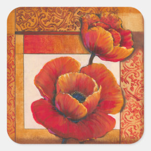 Poppy Flowers on Tan and Orange Background Square Sticker