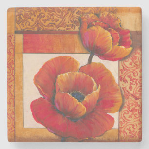 Poppy Flowers on Tan and Orange Background Stone Coaster
