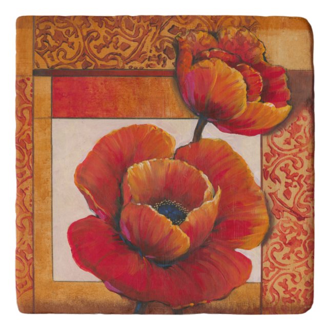 Poppy Flowers on Tan and Orange Background Trivet (Front)