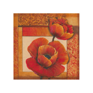 Poppy Flowers on Tan and Orange Background Wood Wall Decor