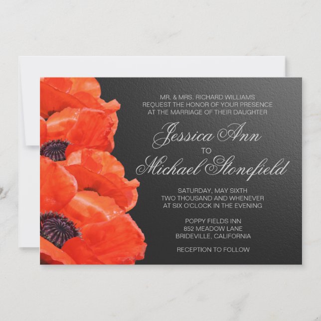 Poppy Flowers Orange Black Chalkboard Wedding Invi Invitation (Front)