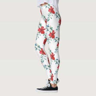 Poppy flowers pattern, floral handpainted poppies leggings