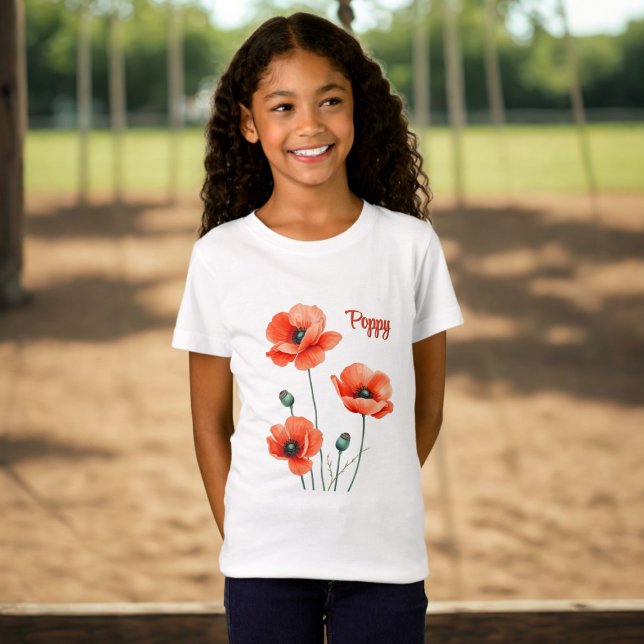 Poppy Flowers Personalized Girl's T-Shirt (A pretty poppy shirt with space for your name)
