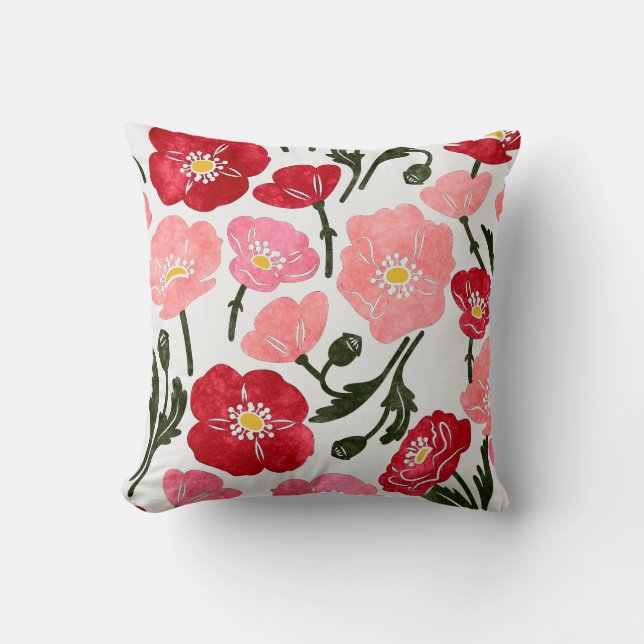 Poppy Flowers Pretty Pink Red Floral Pattern  Throw Pillow (Front)