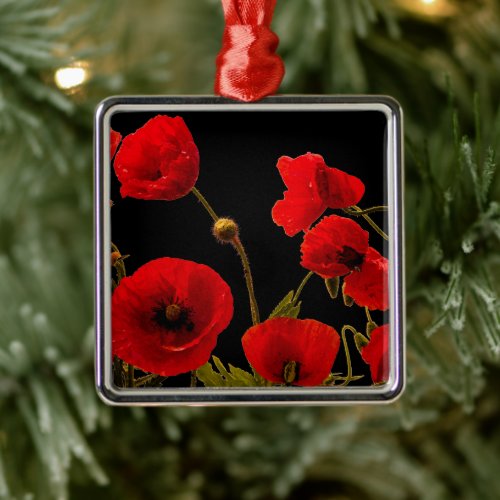Poppy Flowers Red Black Watercolor Floral Decor Metal Ornament