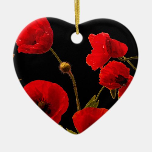 Poppy Flowers Red Black Watercolor Floral Heart Ceramic Ornament