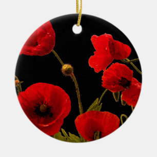 Poppy Flowers Red Black Watercolor Floral Poppies Ceramic Ornament