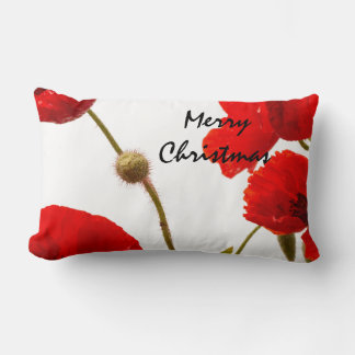 Poppy Flowers Red Floral Merry Christmas White Lumbar Pillow