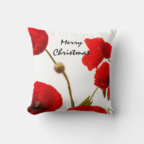 Poppy Flowers Red Floral Merry Christmas White Throw Pillow