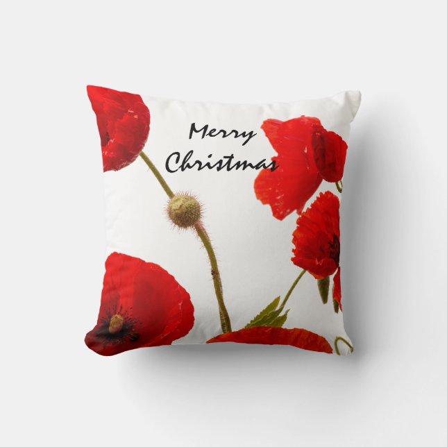 Poppy Flowers Red Floral Merry Christmas White Throw Pillow (Front)