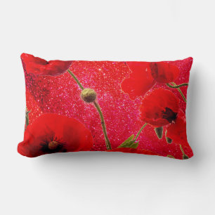 Poppy Flowers Red Glitter Sparkle Glittery Unique Lumbar Pillow