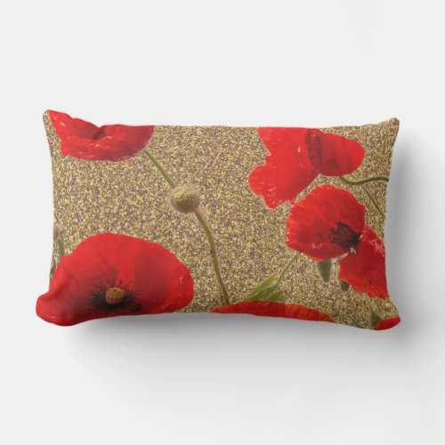 Poppy Flowers Red Gold Glitter Golden Rustic Lumbar Pillow