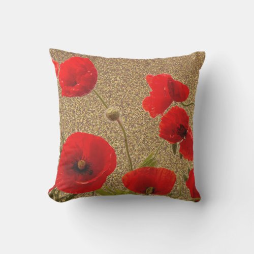 Poppy Flowers Red Gold Glitter Golden Rustic Outdoor Pillow