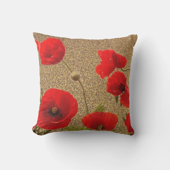 Poppy Flowers Red Gold Glitter Golden Rustic Outdoor Pillow (Front)