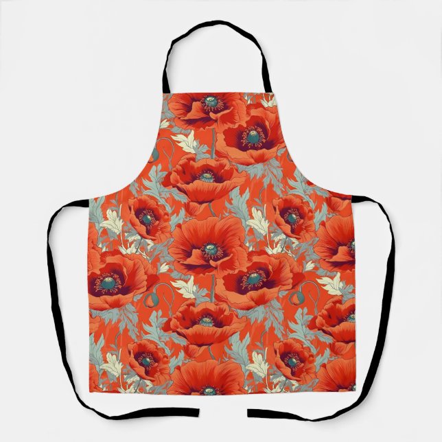 Poppy Flowers Red Gray  Apron (Front)