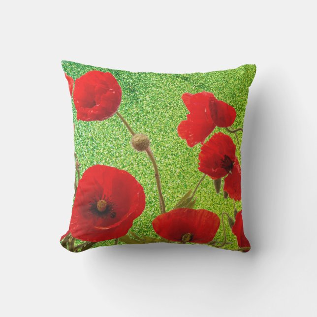 Poppy Flowers Red Green Glitter Artsy Abstract Outdoor Pillow (Front)