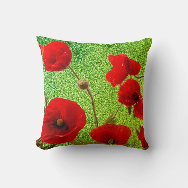Poppy Flowers Red Green Glitter Artsy Abstract Throw Pillow (Front)
