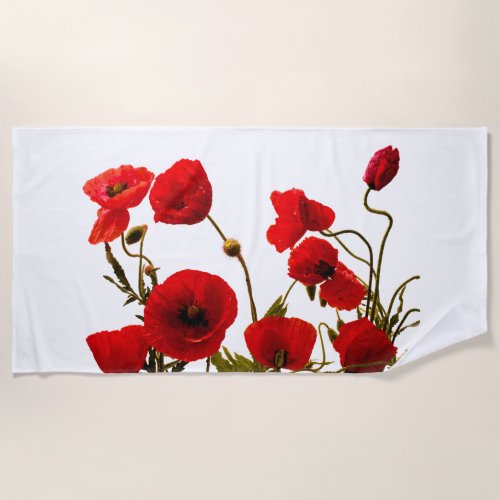 Poppy Flowers Red White Watercolor Floral Summer Beach Towel