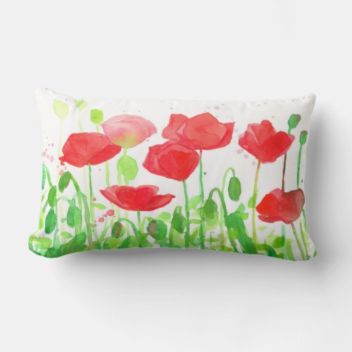 Poppy Flowers Red Wildflower Watercolor Lumbar Pillow