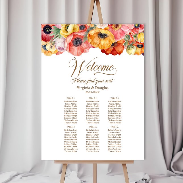 Poppy Flowers Six Table Wedding Seating Chart Foam Board (Creator Uploaded)