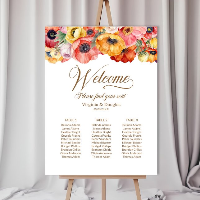 Poppy Flowers Three Table Wedding Seating Chart Foam Board (Creator Uploaded)