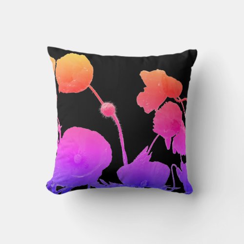 Poppy Flowers Watercolor Artistic Colorful Black Throw Pillow