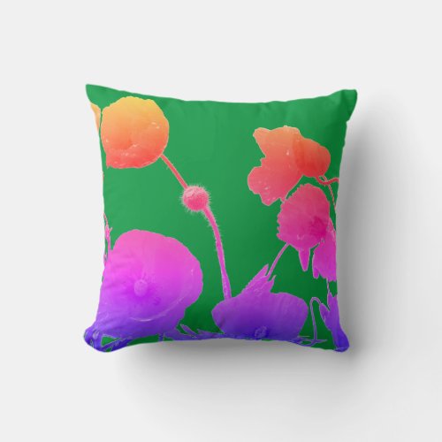 Poppy Flowers Watercolor Artistic Kelly Green Cool Throw Pillow