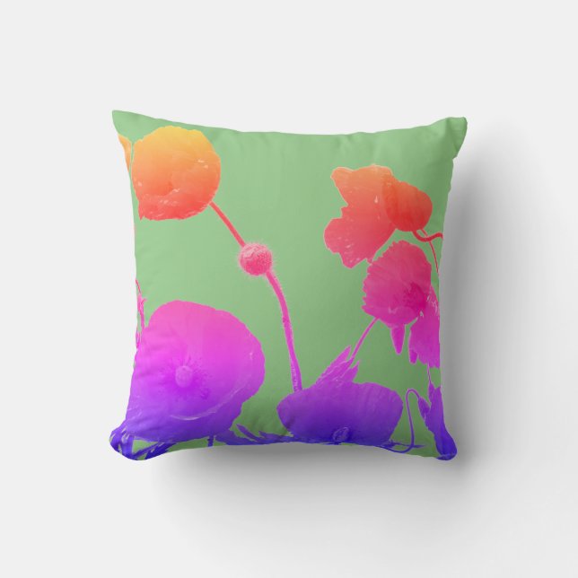 Poppy Flowers Watercolor Artistic Sage Green Cool Throw Pillow (Front)