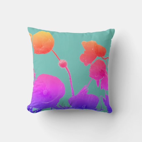 Poppy Flowers Watercolor Artistic Teal Blue Cool Throw Pillow