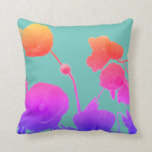 Poppy Flowers Watercolor Artistic Teal Blue Cool Throw Pillow