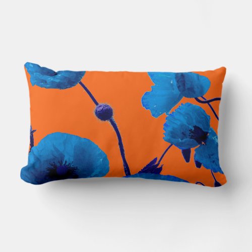 Poppy Flowers Watercolor Blue Floral Sunset Orange Lumbar Pillow