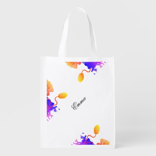 Poppy Flowers Watercolor Floral Custom Name Grocery Bag