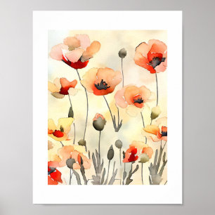 Poppy Flowers Watercolor minimalist painting Poster