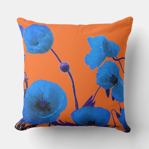 Poppy Flowers Watercolor Sunset Orange Blue Floral Outdoor Pillow