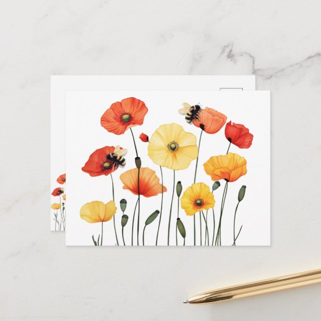 Poppy Flowers with Cute Bumble Bees Postcard (Front/Back In Situ)