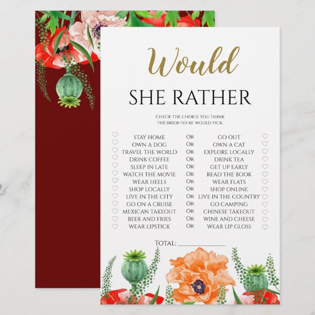 Poppy flowers  would she rather bridal shower game (Front/Back)