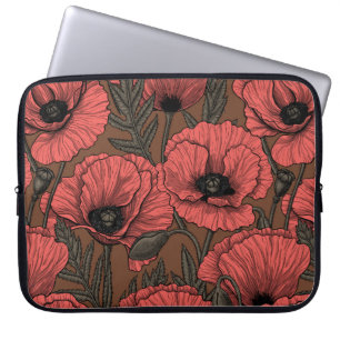 Poppy garden in coral and brown laptop sleeve