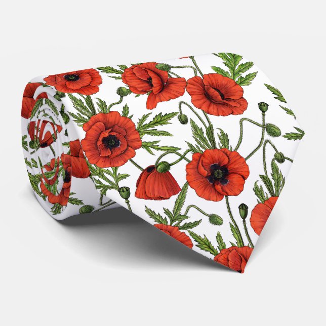 Poppy garden in coral and brown neck tie (Rolled)