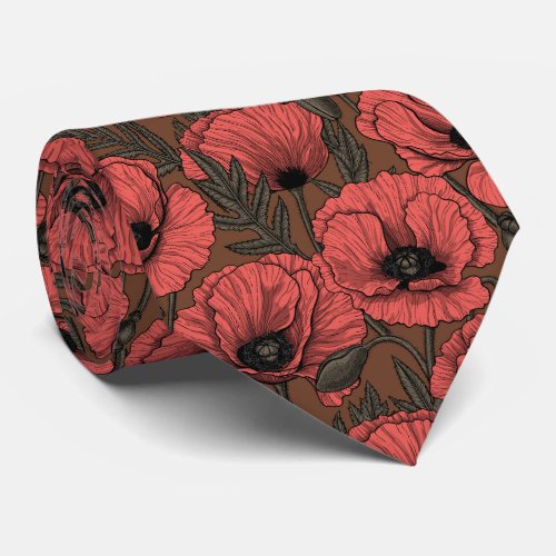 Poppy garden in coral and brown neck tie