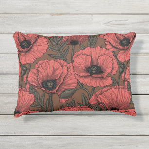 Poppy garden in coral and brown outdoor pillow