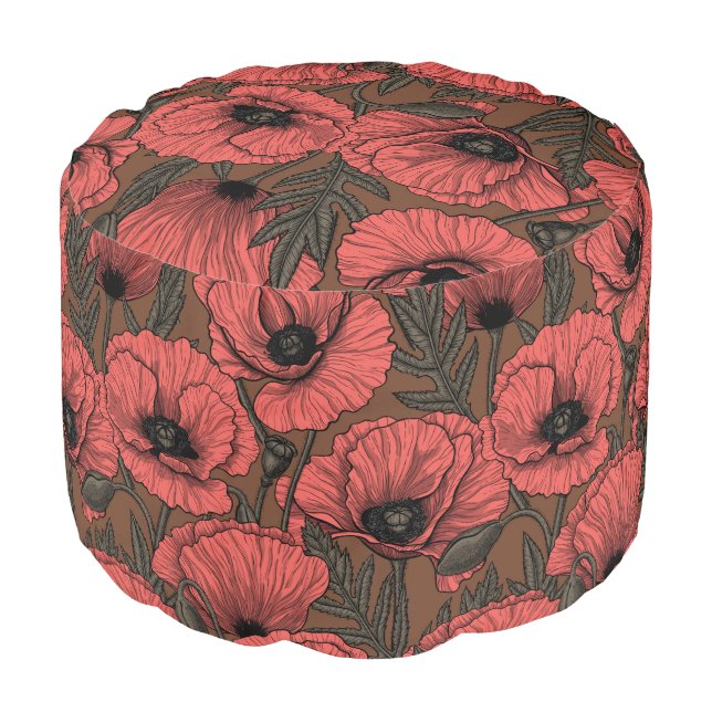 Poppy garden in coral and brown pouf (Angled Front)