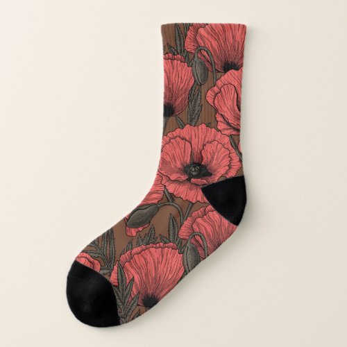 Poppy garden in coral and brown socks