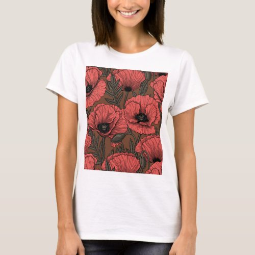Poppy garden in coral and brown T_Shirt