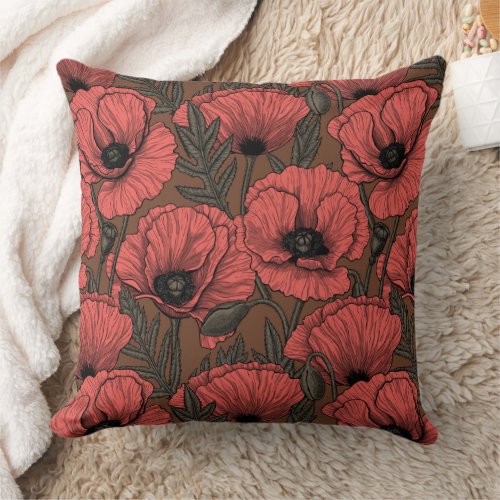Poppy garden in coral and brown throw pillow