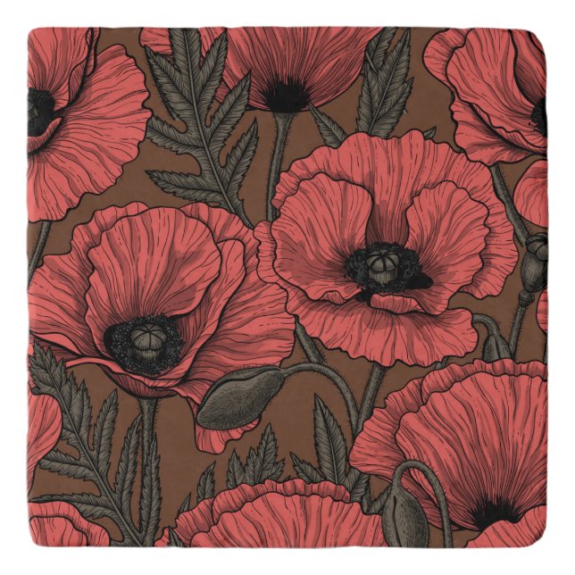 Poppy garden in coral and brown trivet (Front)