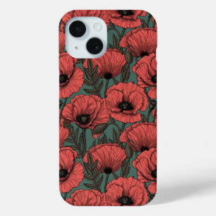 Poppy garden in coral, brown and pine green iPhone 15 case