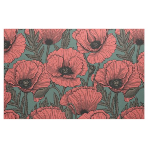 Poppy garden in coral, brown and pine green fabric