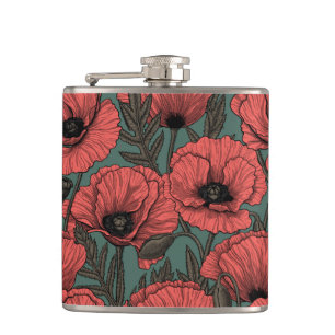 Poppy garden in coral, brown and pine green flask
