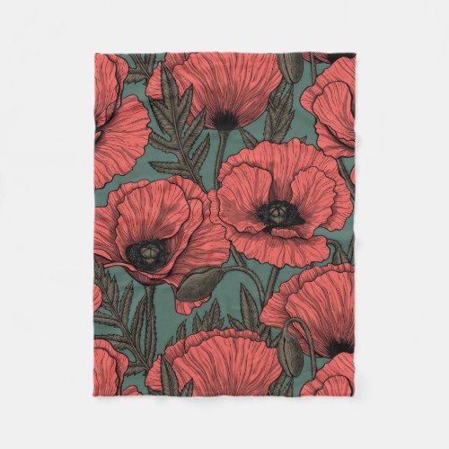 Poppy garden in coral brown and pine green fleece blanket